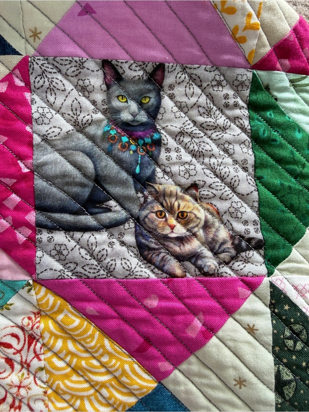 Girls handmade Colorful Triangle Patchwork Quilted Jacket with Kitty cat print - Picture 12 of 13